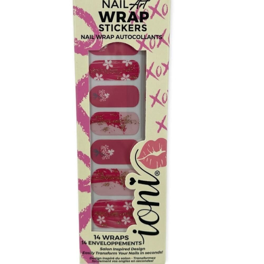 Ioni XOXO Glitter Pink Floral Glitter Nail Wrap Stickers - 14 Count